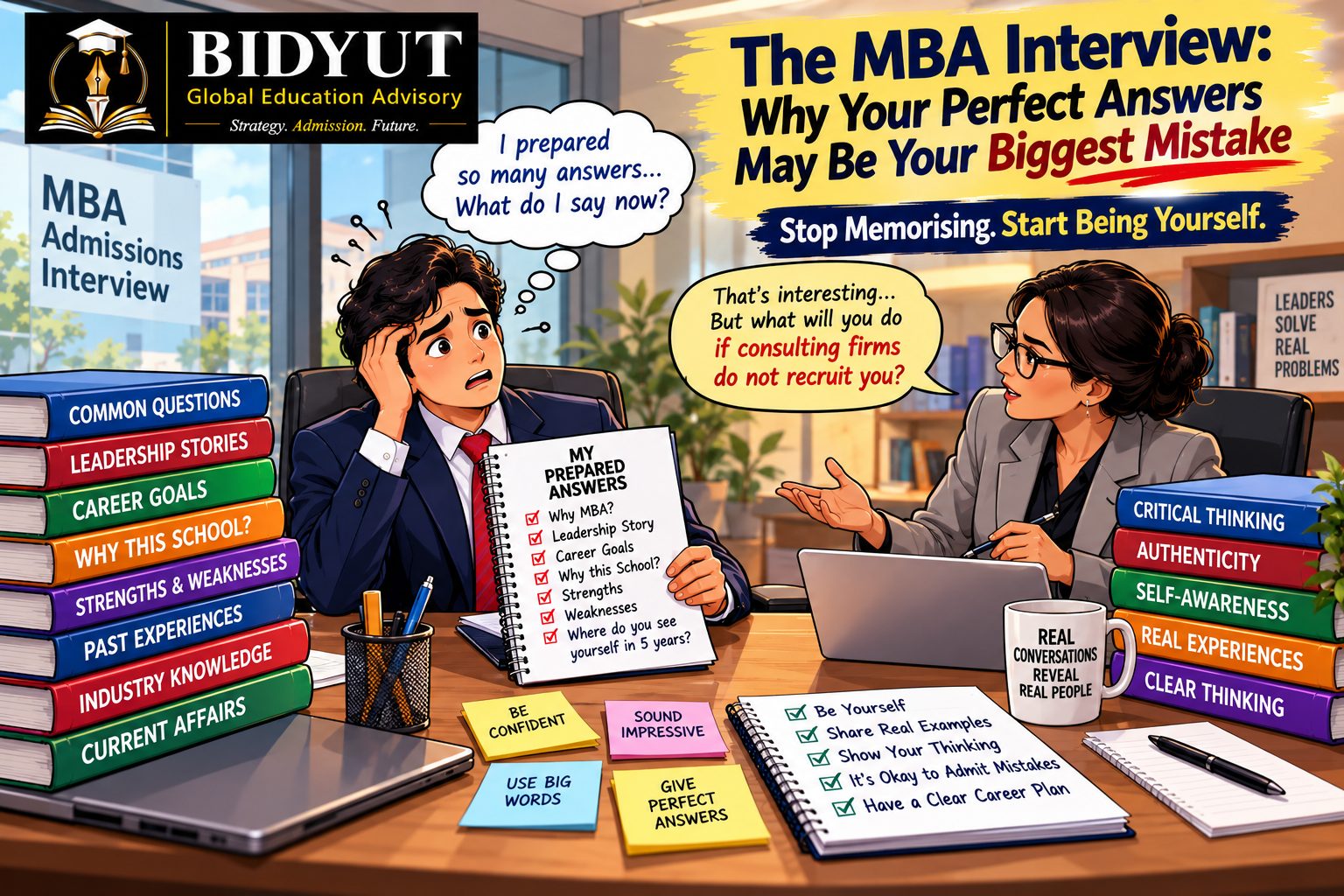 Cartoon illustration of an MBA applicant facing an unexpected interview question despite preparing rehearsed answers.
