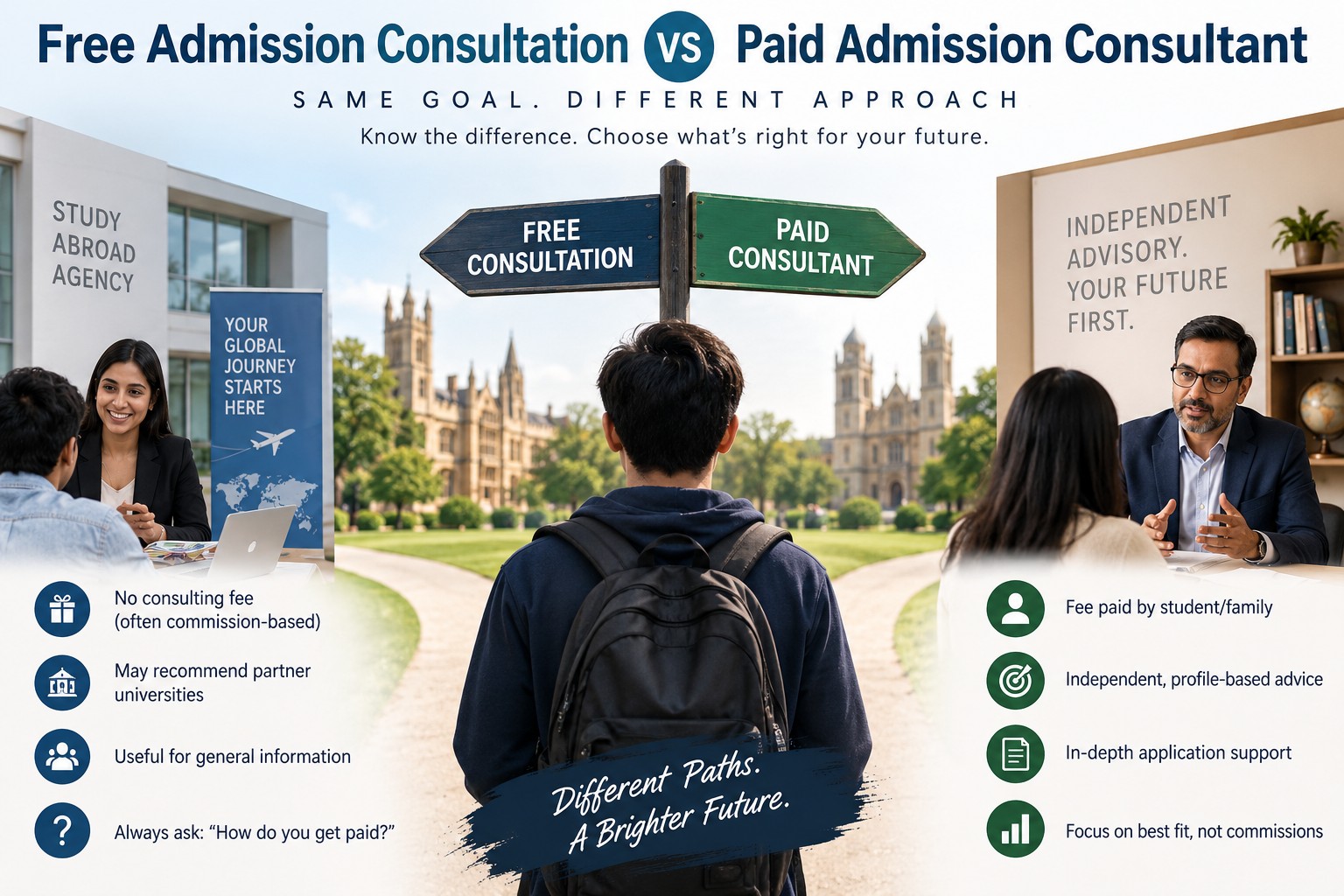 Indian student comparing free admission consultation and paid independent admission consulting for studying abroad