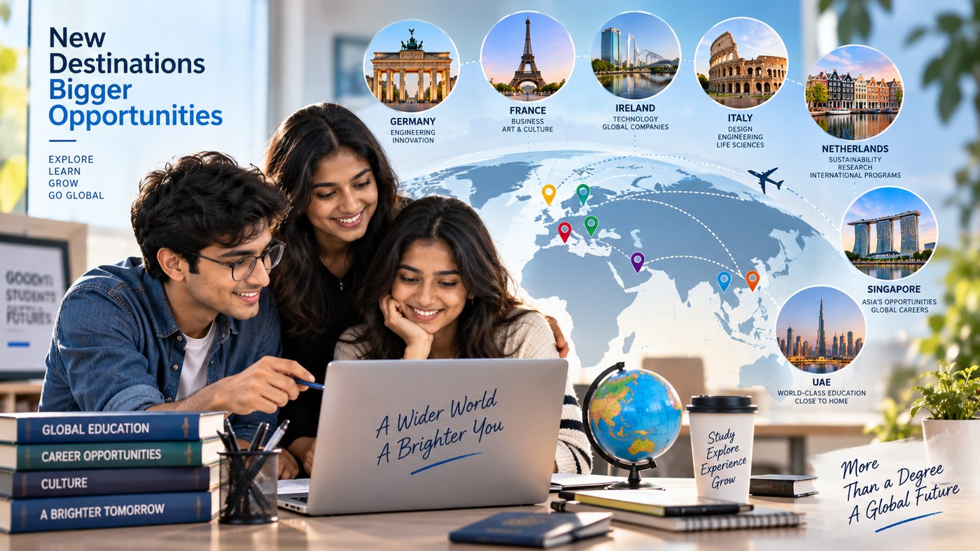 Indian students exploring emerging study abroad destinations including Germany France Ireland Italy Netherlands Singapore and UAE