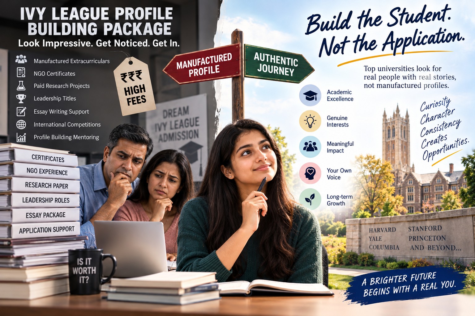 Indian student and parents evaluating expensive Ivy League profile building versus authentic academic interests and personal growth