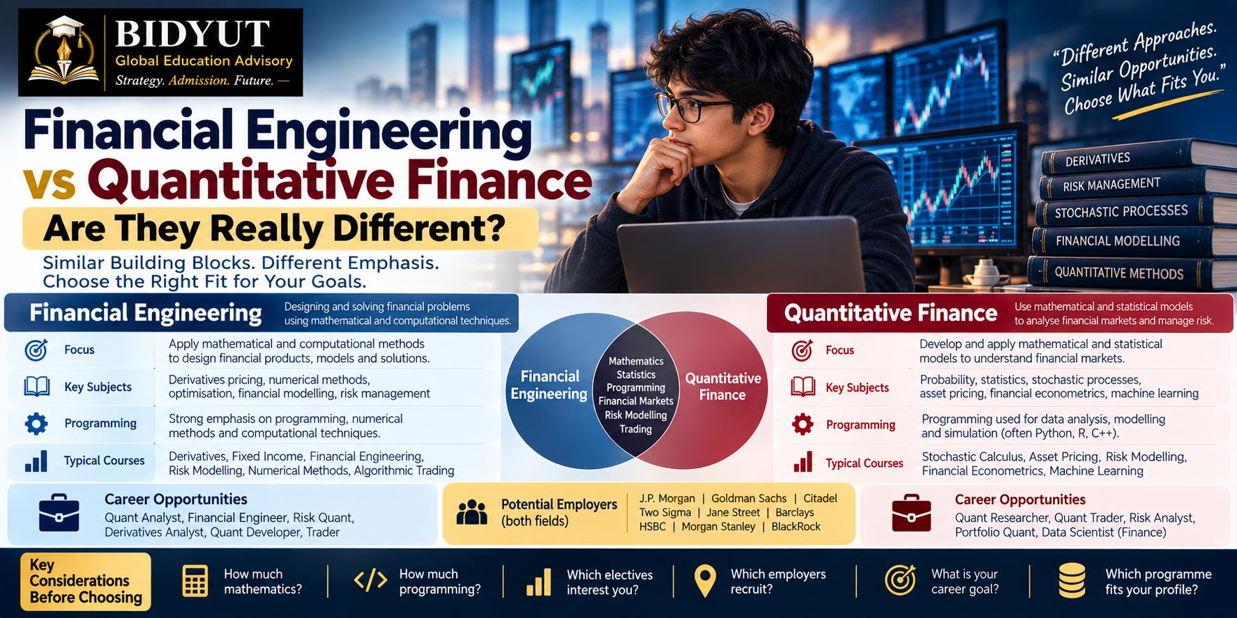 Financial Engineering vs Quantitative Finance comparison of subjects, programming, careers and employers