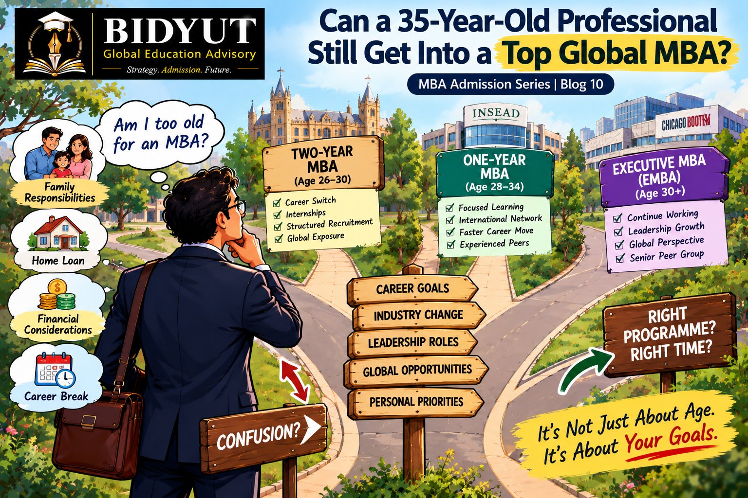 Illustration of a 35-year-old professional comparing full-time MBA, one-year MBA and Executive MBA options while considering career goals and family responsibilities.