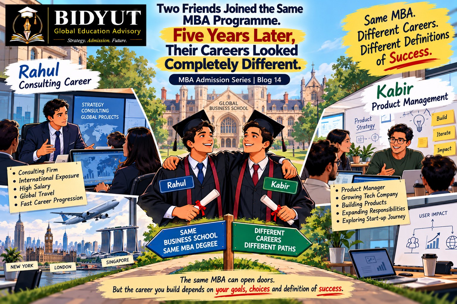 Illustration of two MBA graduates from the same business school pursuing different careers in consulting and technology product management.