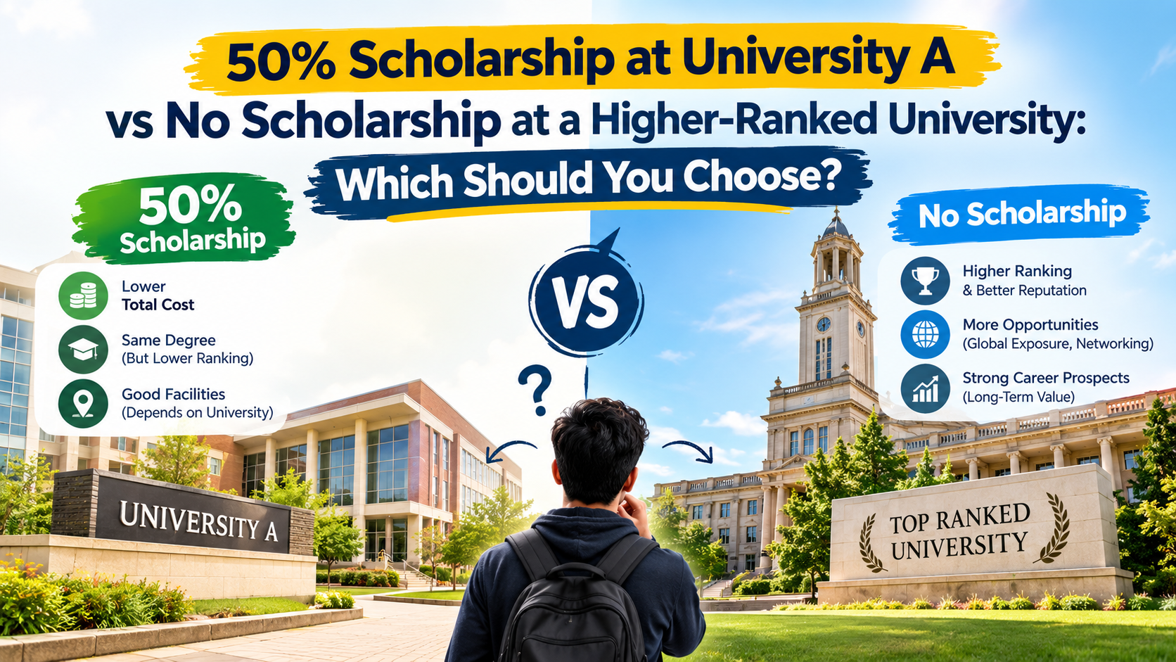 50% Scholarship at University A vs No Scholarship at a Higher-Ranked University: Which Should You Choose?