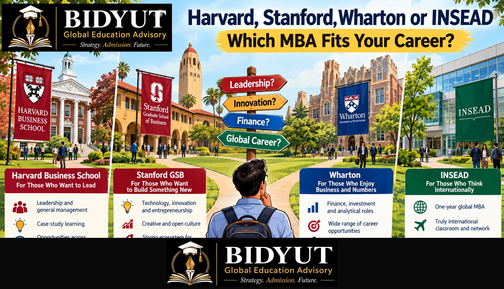 Illustration comparing Harvard, Stanford, Wharton and INSEAD MBA programmes based on leadership, innovation, finance and global career goals.