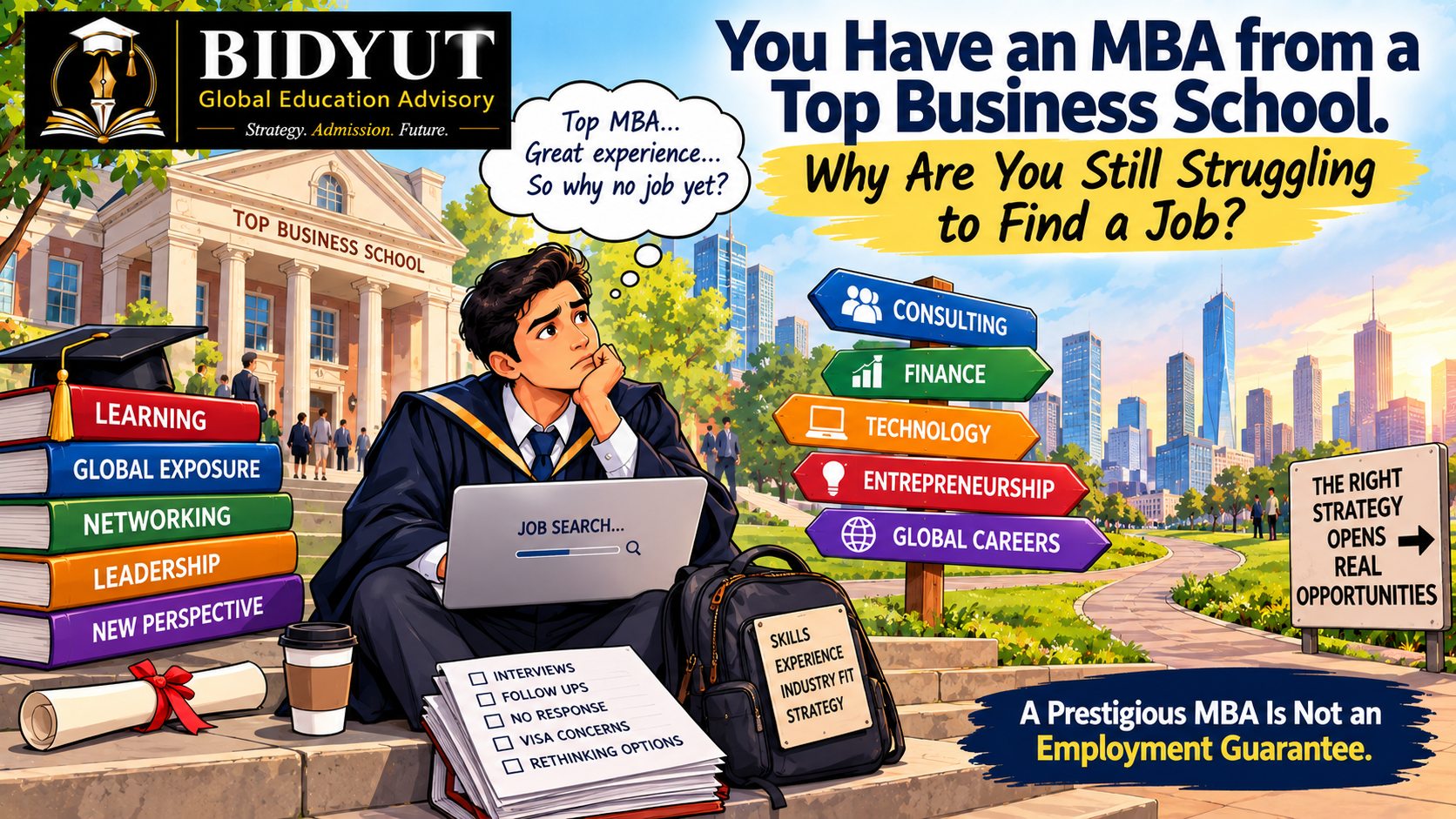 Illustration of an MBA graduate searching for employment after attending a top business school, highlighting career challenges and job market realities.