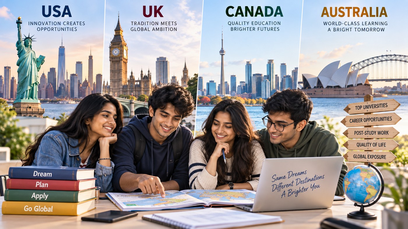 Indian students comparing USA UK Canada and Australia for higher studies and career opportunities