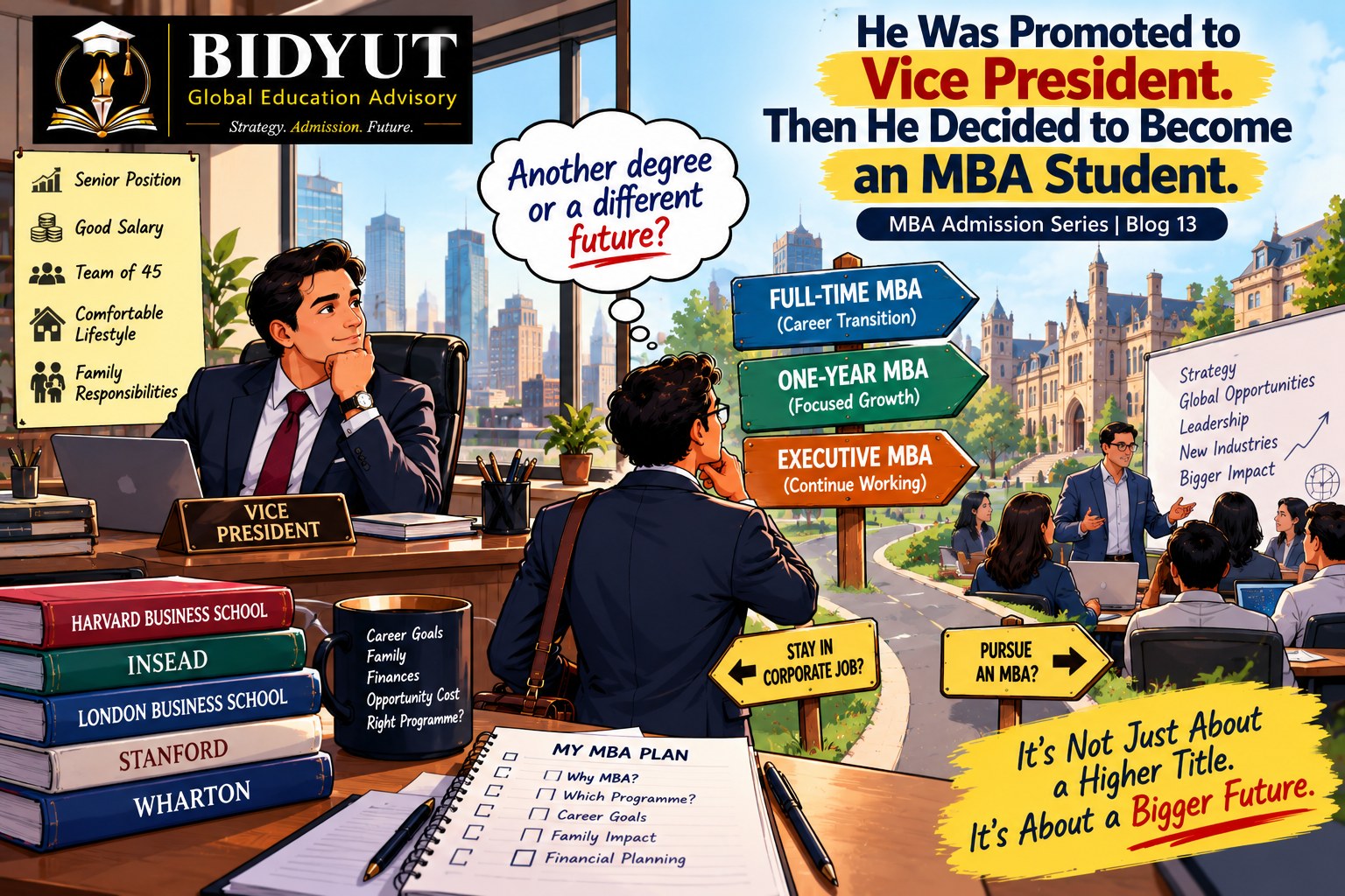 Illustration of a senior corporate executive deciding between continuing his career, pursuing a full-time MBA and studying for an Executive MBA.