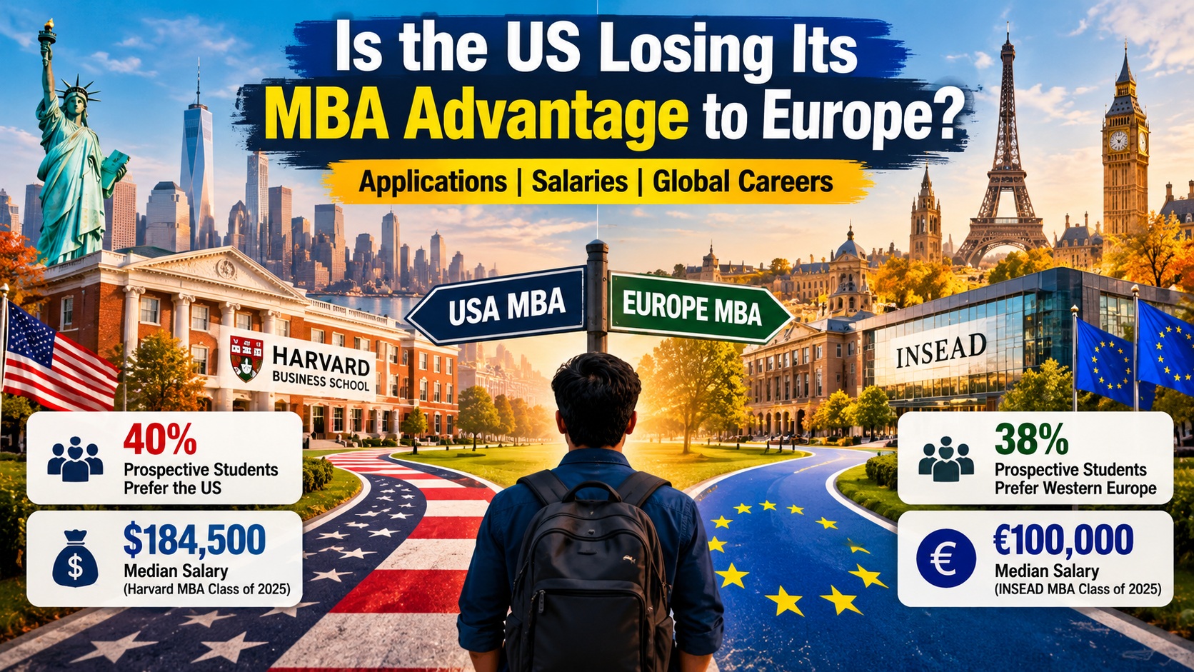 US MBA vs European MBA in 2026 comparing Harvard, INSEAD, MBA salaries, career opportunities and international student trends.