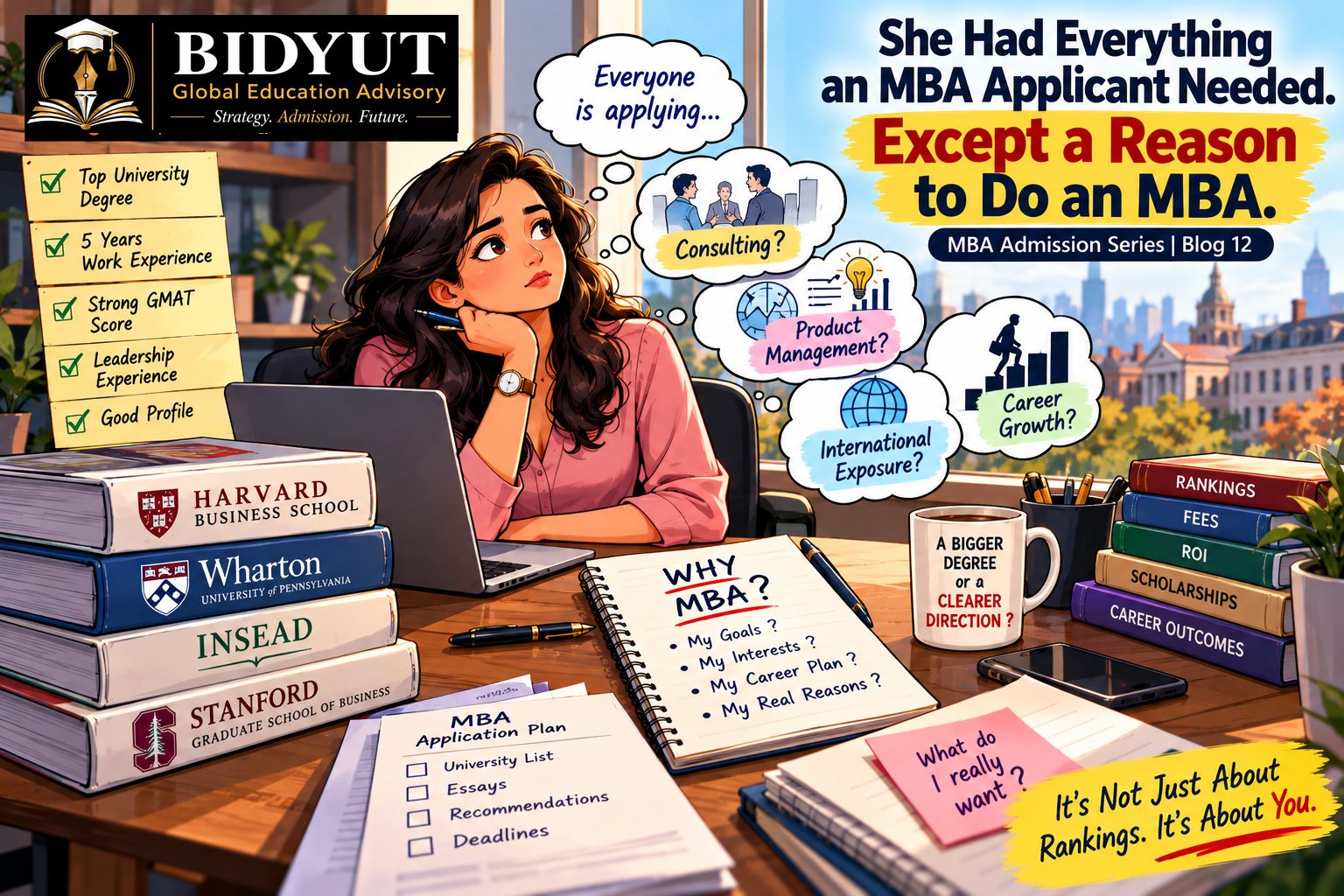 Illustration of a young MBA applicant sitting with business school brochures and reflecting on her career goals and reasons for pursuing an MBA.