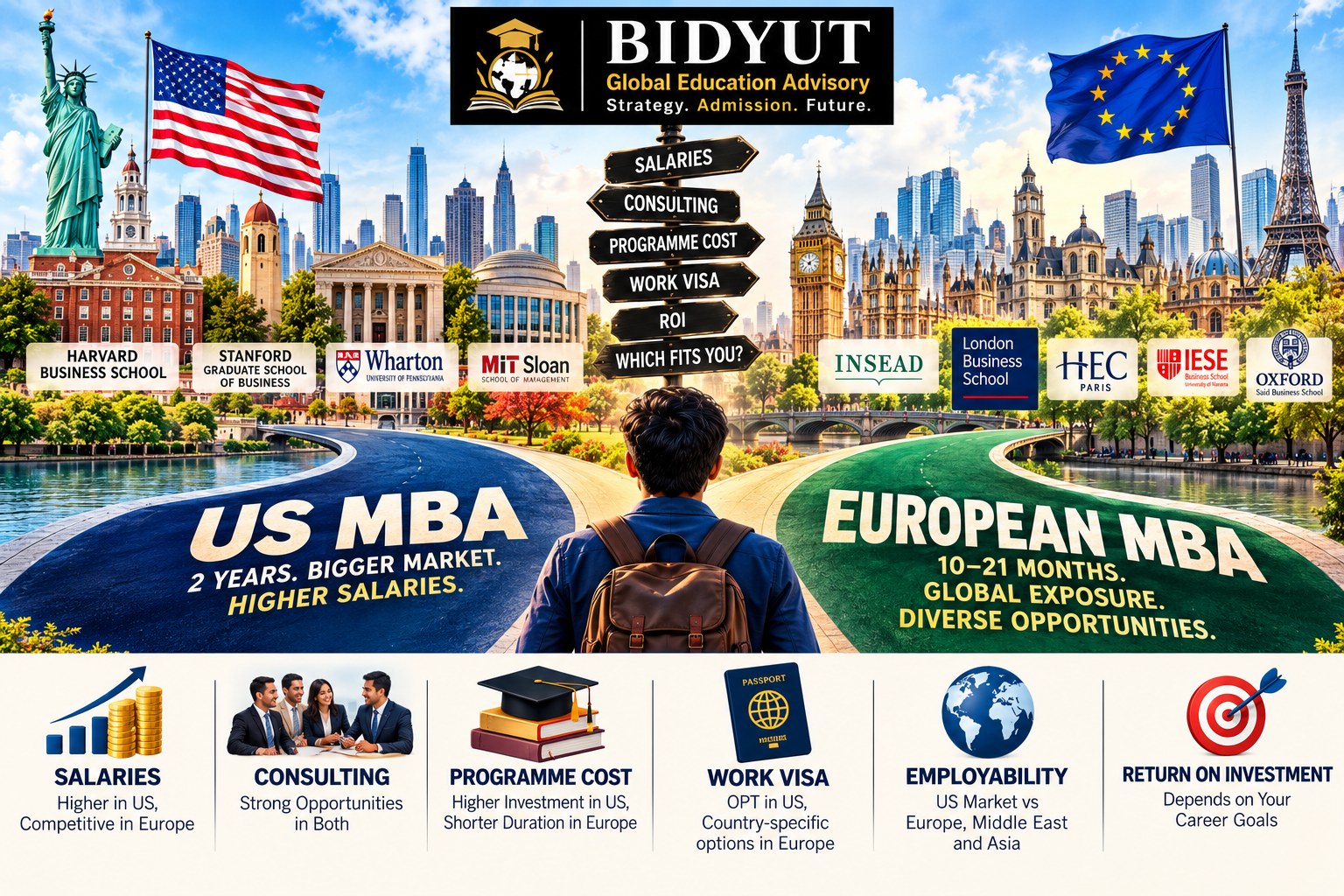 US MBA versus European MBA comparison of salaries, consulting careers, programme costs, visas and ROI