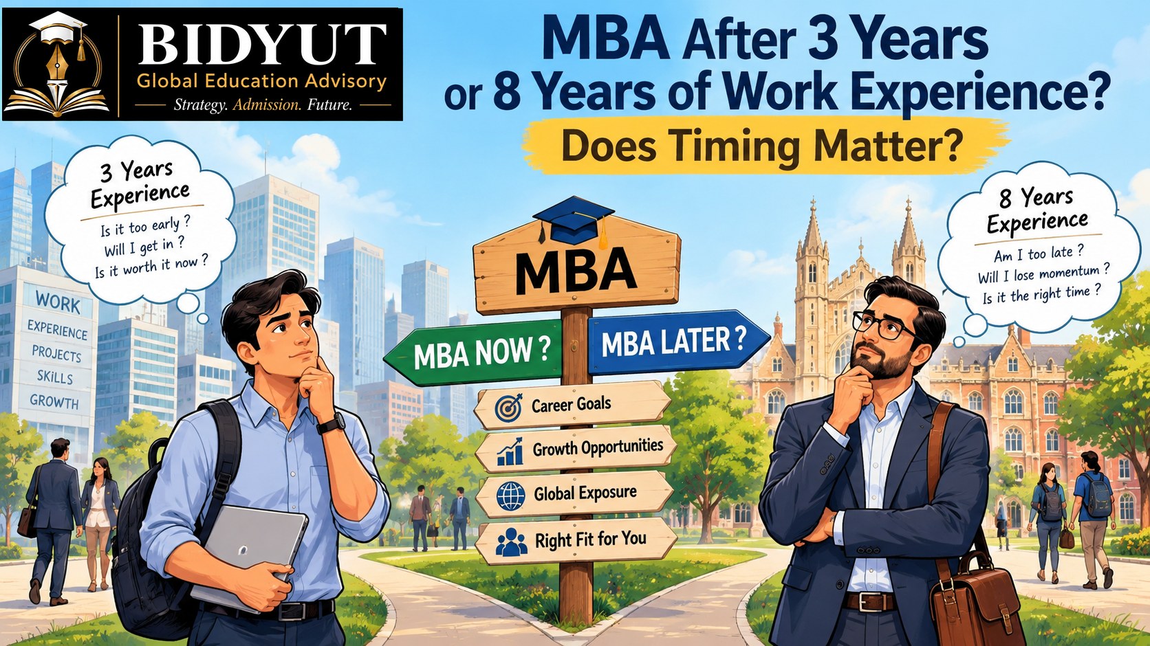 Illustration comparing professionals with 3 and 8 years of work experience deciding when to pursue an MBA, by BIDYUT Global Education Advisory.