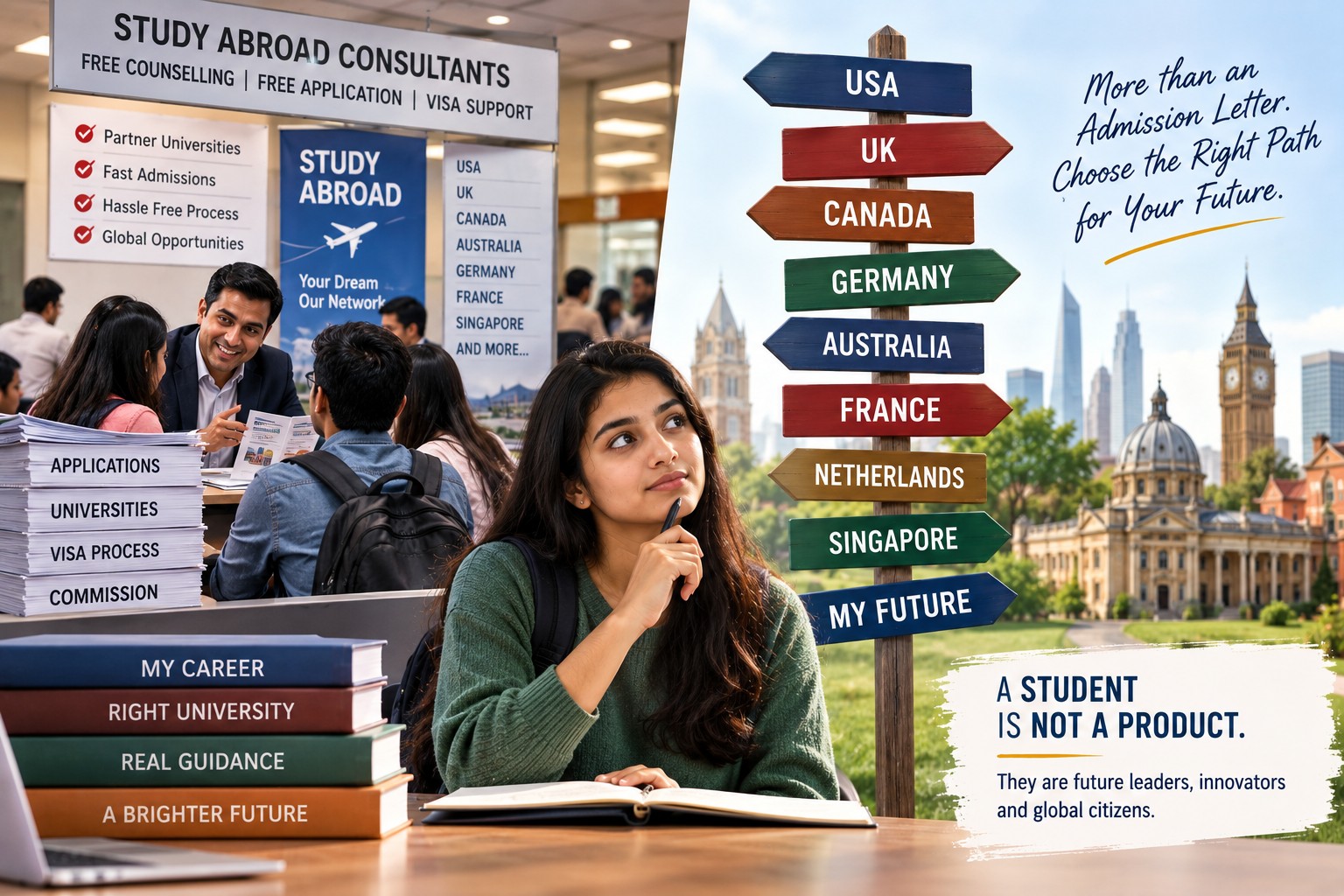 Indian student choosing the right study abroad university and career path beyond commission-based admission consulting