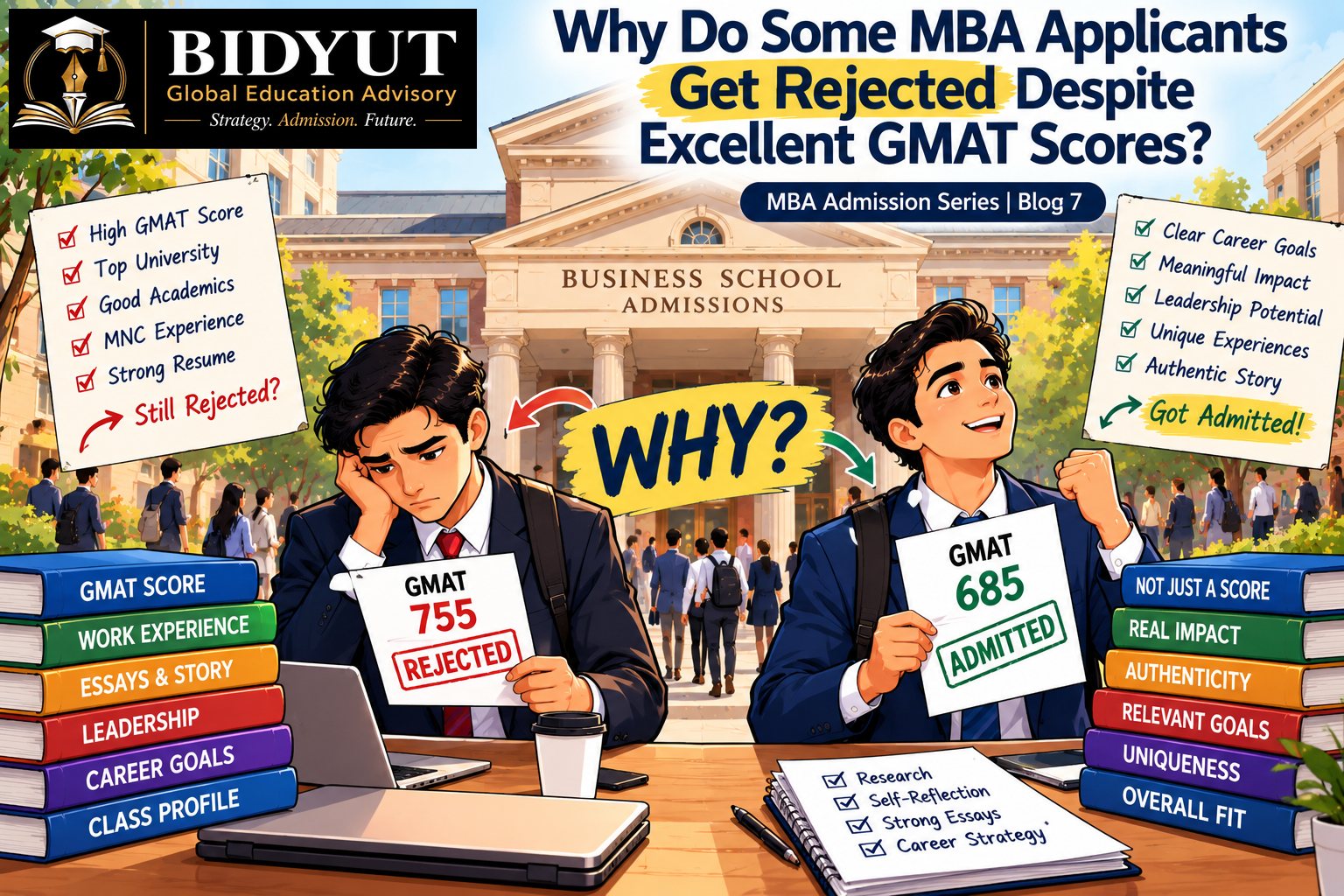 Cartoon illustration comparing two fictional MBA applicants with GMAT scores of 755 and 685, showing that admissions depend on more than test scores.