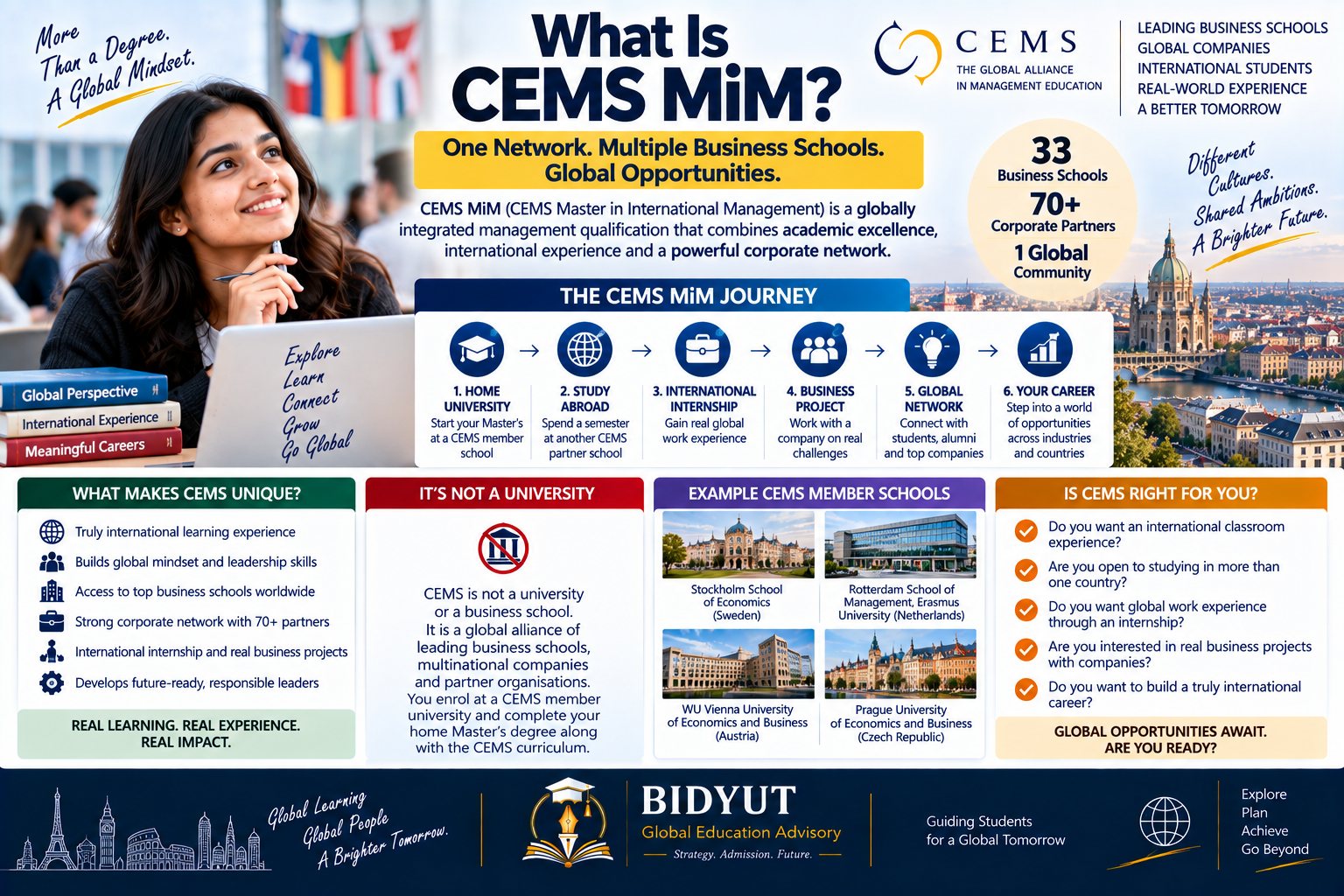 Indian student understanding CEMS MiM global business school network international exchange internship and career opportunities