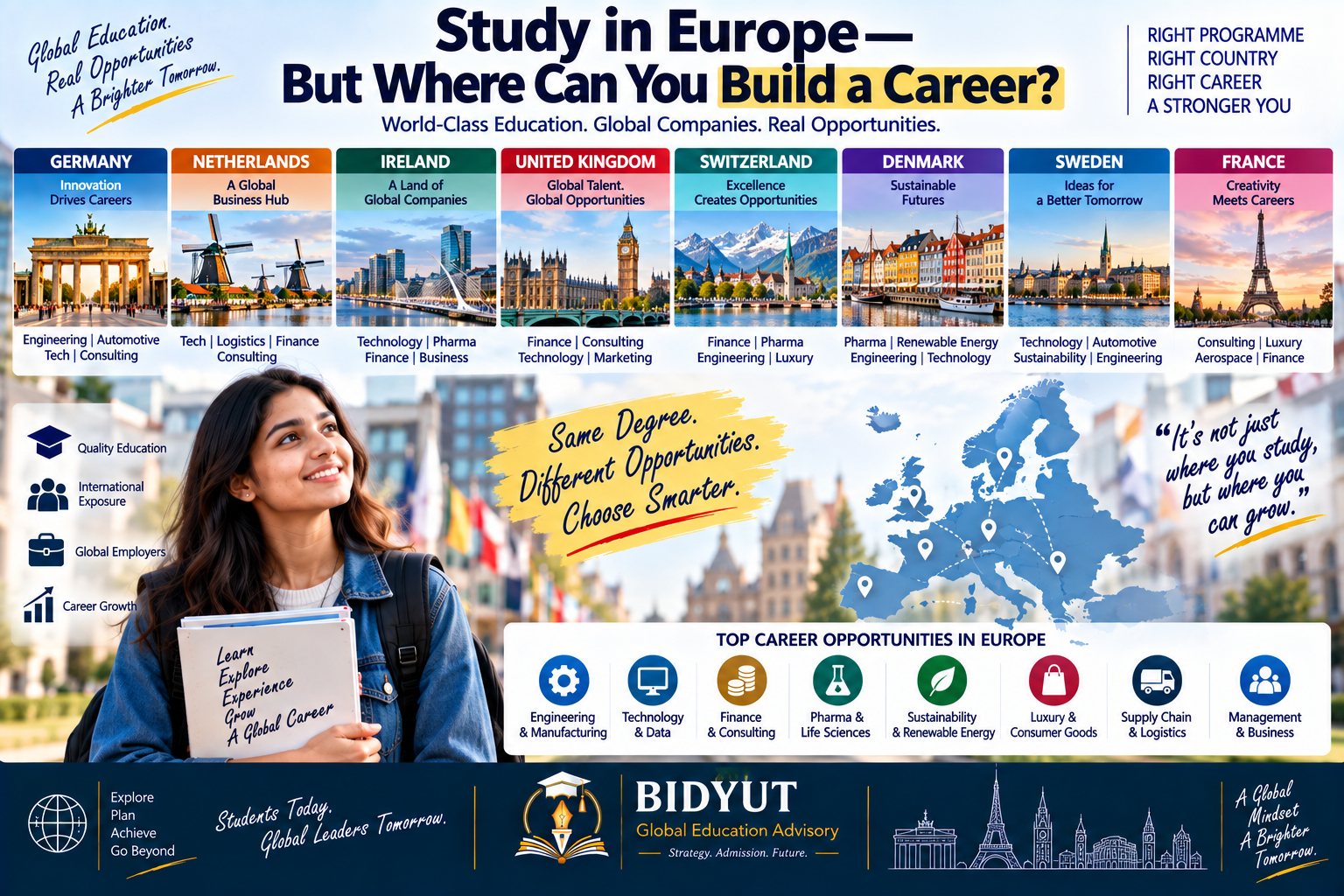 Indian student comparing European countries for employment after graduation including Germany Netherlands Ireland UK Switzerland Denmark and Sweden