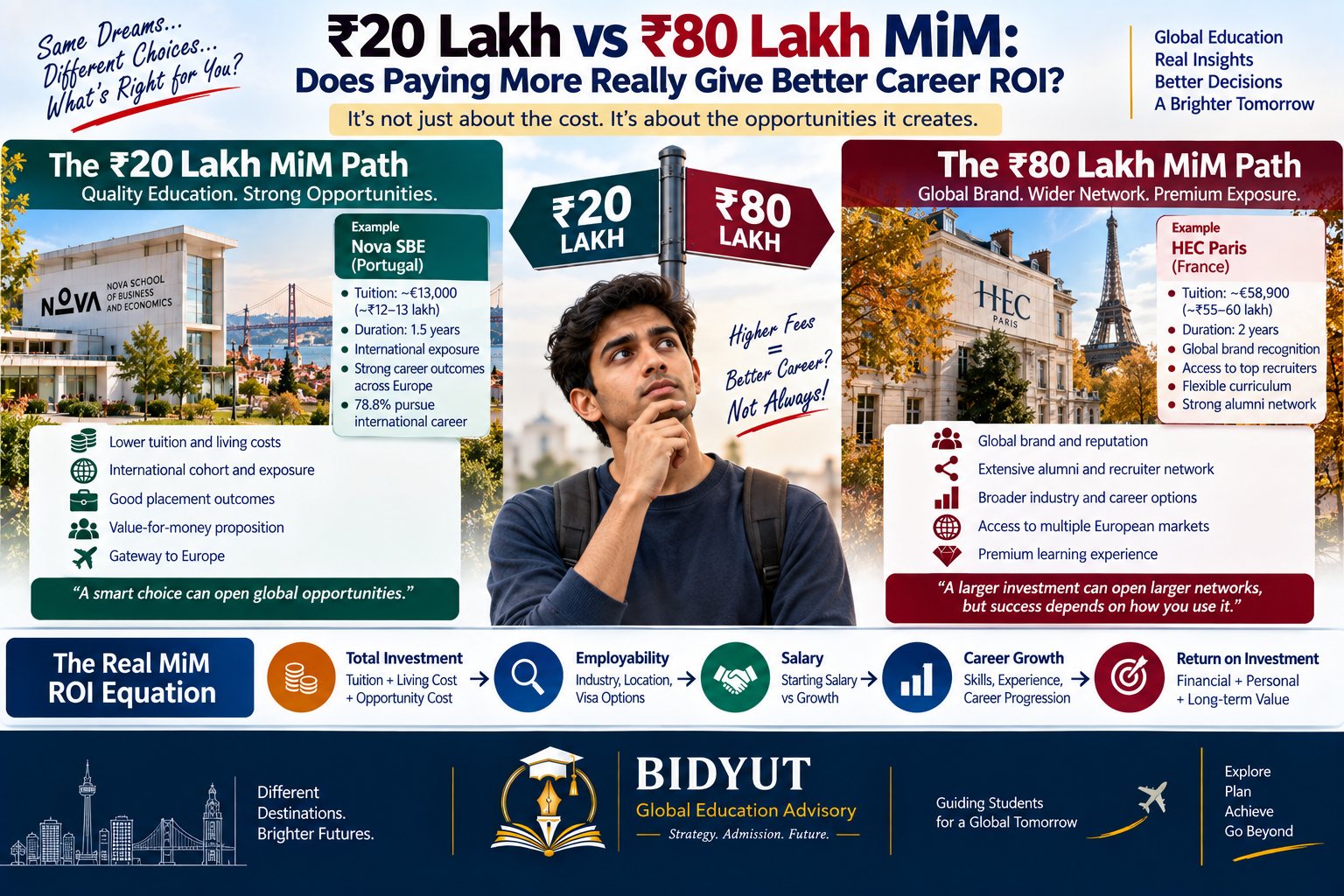 Indian student and parents comparing 20 lakh and 80 lakh MiM investment tuition career opportunities salary and return on investment
