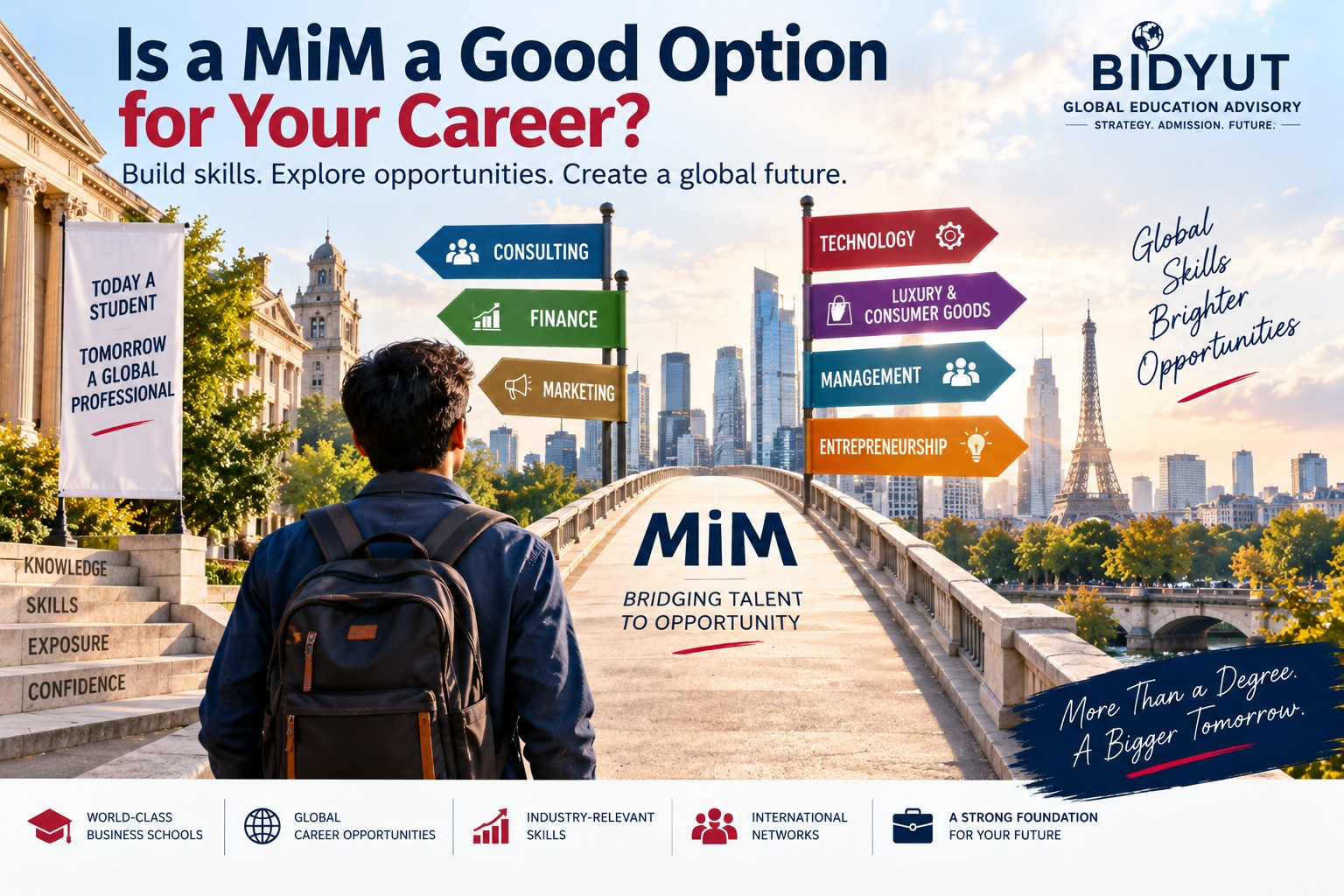 Indian student exploring MiM career opportunities in consulting, finance, marketing, technology and management