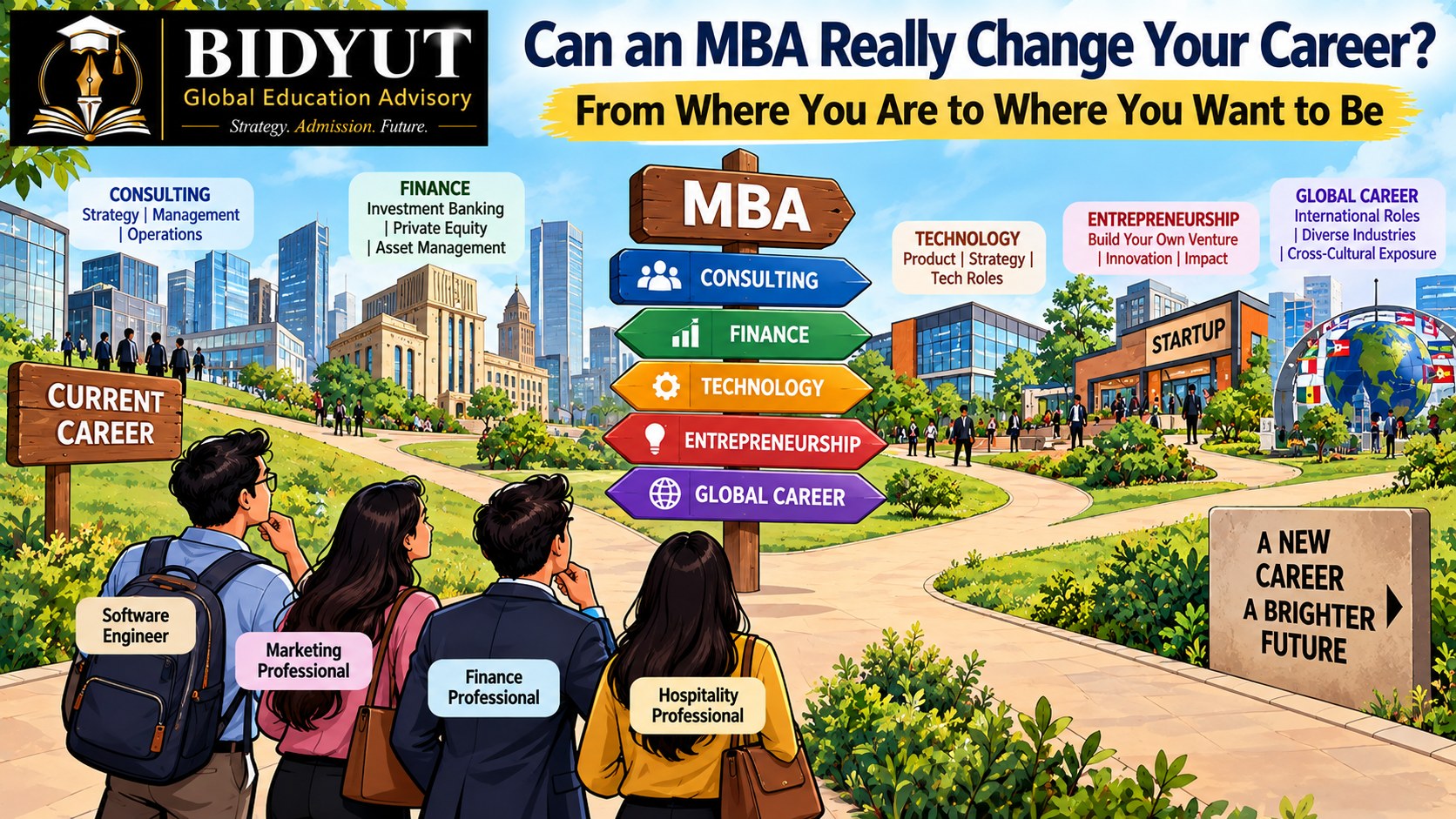 Illustration of professionals exploring consulting, finance, technology, entrepreneurship and global career opportunities through an MBA.