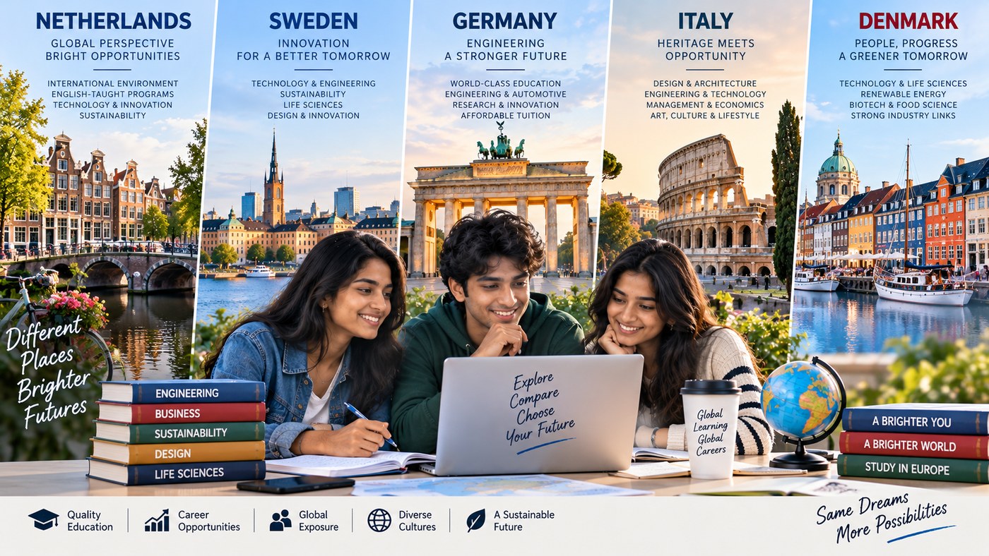 Indian students comparing Netherlands Sweden Germany Italy and Denmark for higher studies and careers