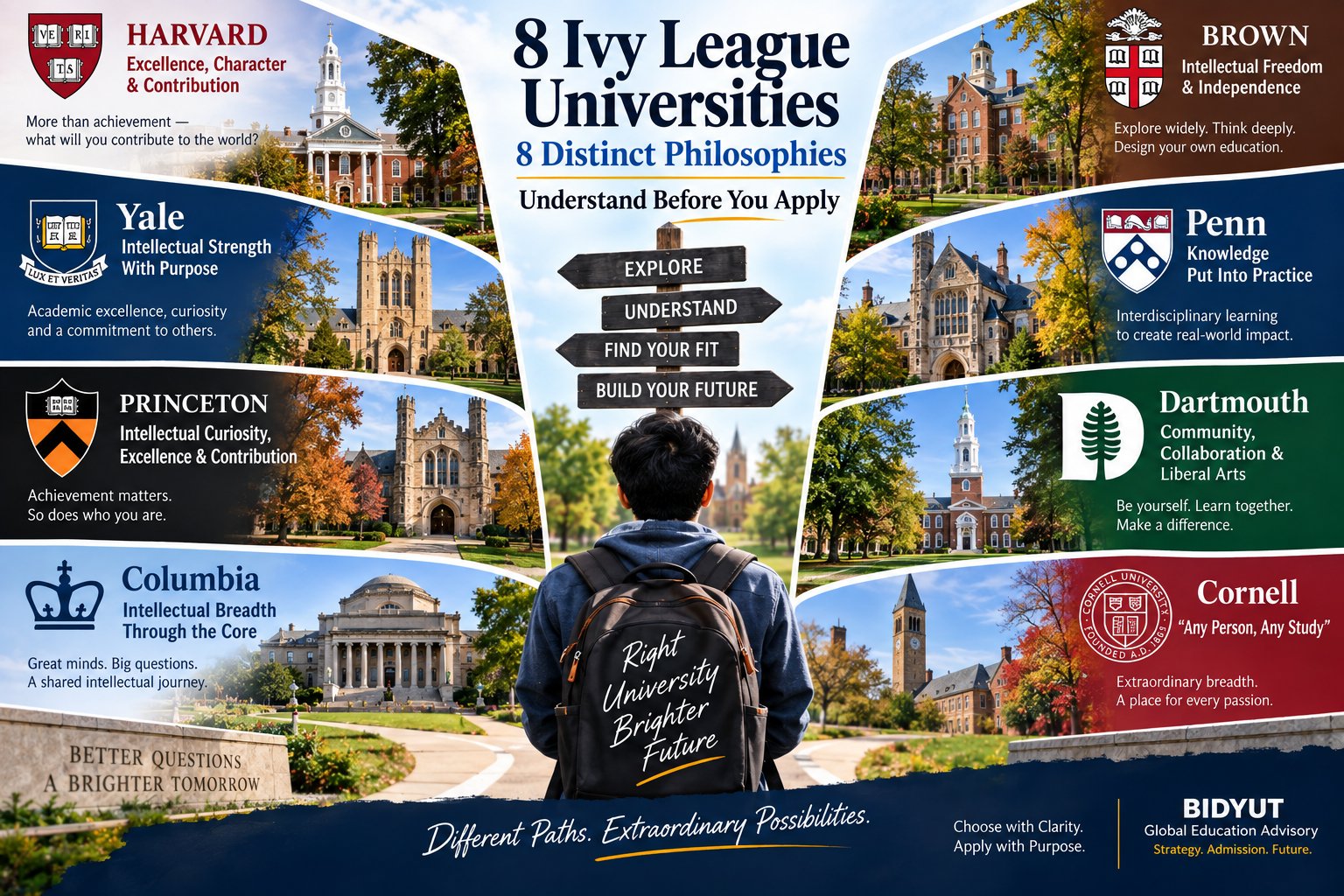 Indian student exploring the eight Ivy League universities and their distinct educational philosophies before applying