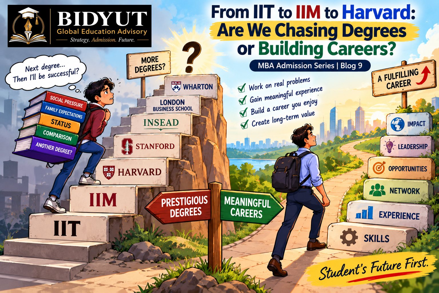 Cartoon illustration comparing a student chasing prestigious degrees from IIT, IIM and Harvard with a professional building a career through skills and experience.